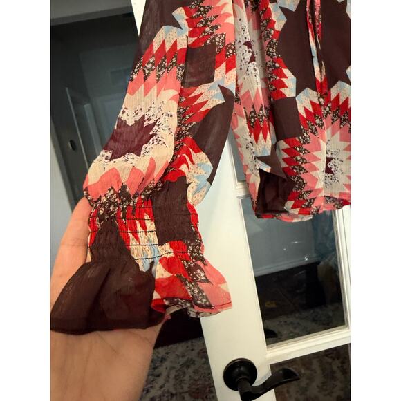 LOFT patchwork Ruffle Tie Neck long sleeve flowy Blouse XSP petite - Picture 5 of 13